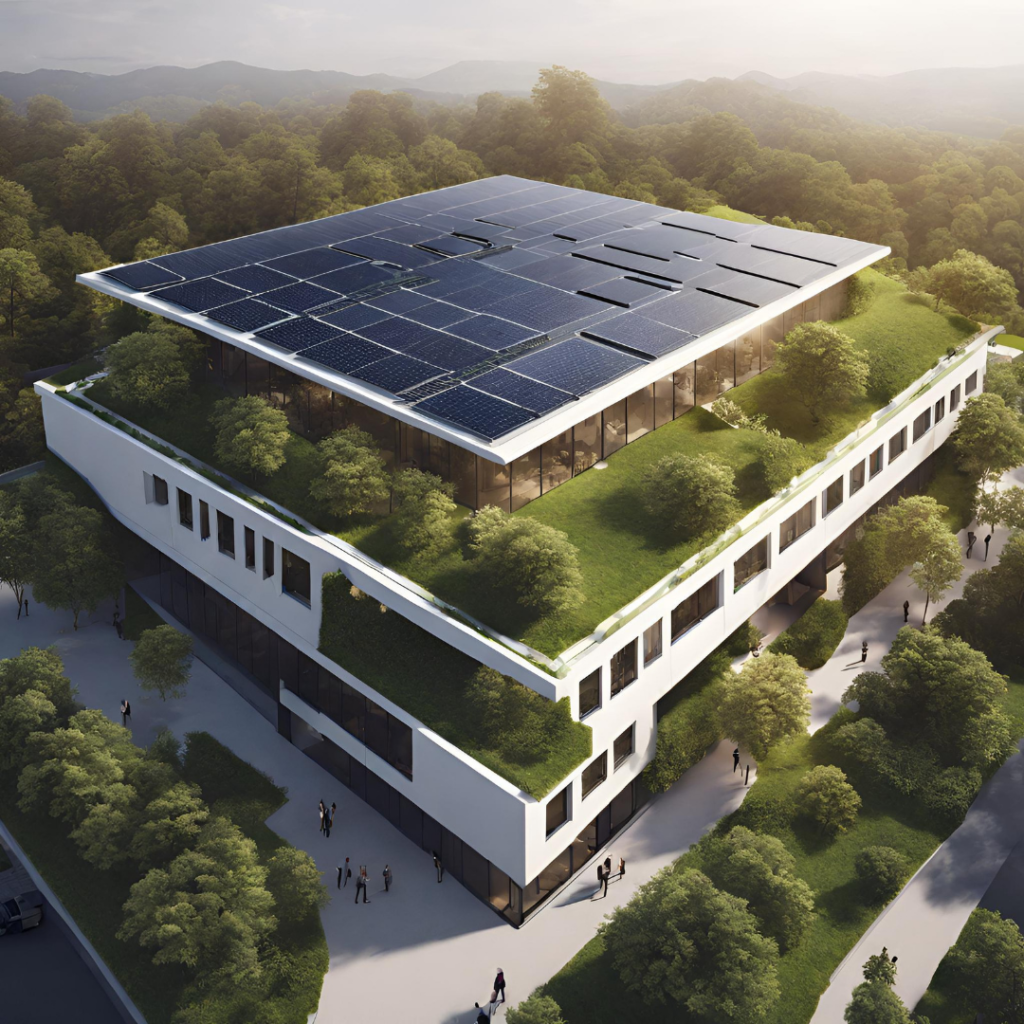 Immagine di un'azienda futuristica e con molte zone verdi, la vista è dall'alto, dove sono presenti pannelli fotovoltaici su tutto il tetto, necessari per alimentare l'edificio con energia solare rinnovabile.