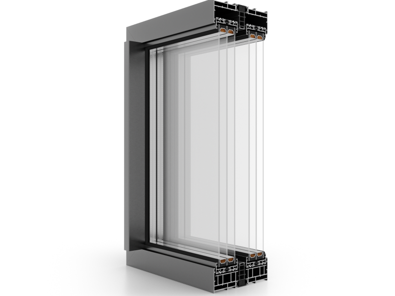 Dettaglio di una finestra a scorrimento in PVC, mostrata in sezione frontale per illustrare la sua struttura ottimizzata per l'efficientamento energetico. Scegliendo questa soluzione intelligente, garantirai comfort e risparmio energetico per la tua casa.