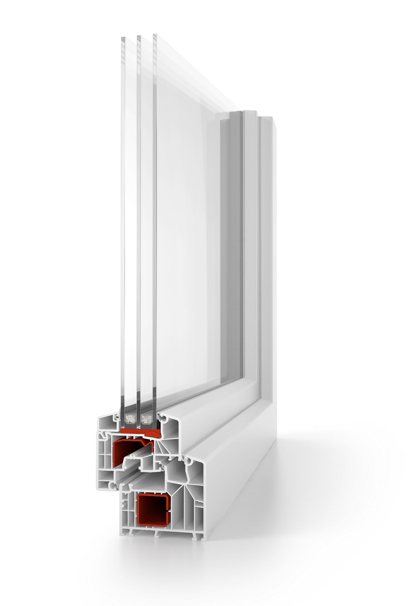 Dettaglio di una finestra in PVC. La finestra è rappresentata in sezione frontale, mostrando con precisione la sua struttura ottimizzata per l'efficientamento energetico. Questa soluzione intelligente garantisce comfort e risparmio energetico per la tua casa.